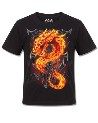 Spiral Fire Dragon design, front view on Black K101, Rock Off Retail official merch
