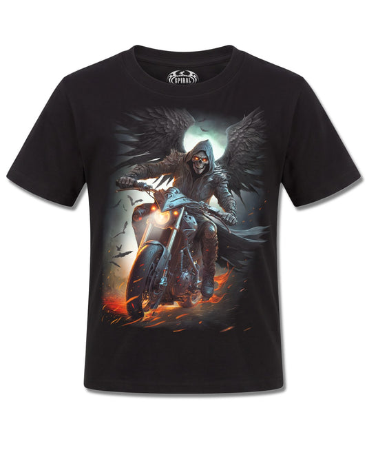 Spiral Night Rider design, front view on Black K101, Rock Off Retail official merch