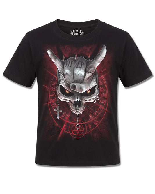 Spiral Never Too Loud design, front view on Black K101, Rock Off Retail official merch