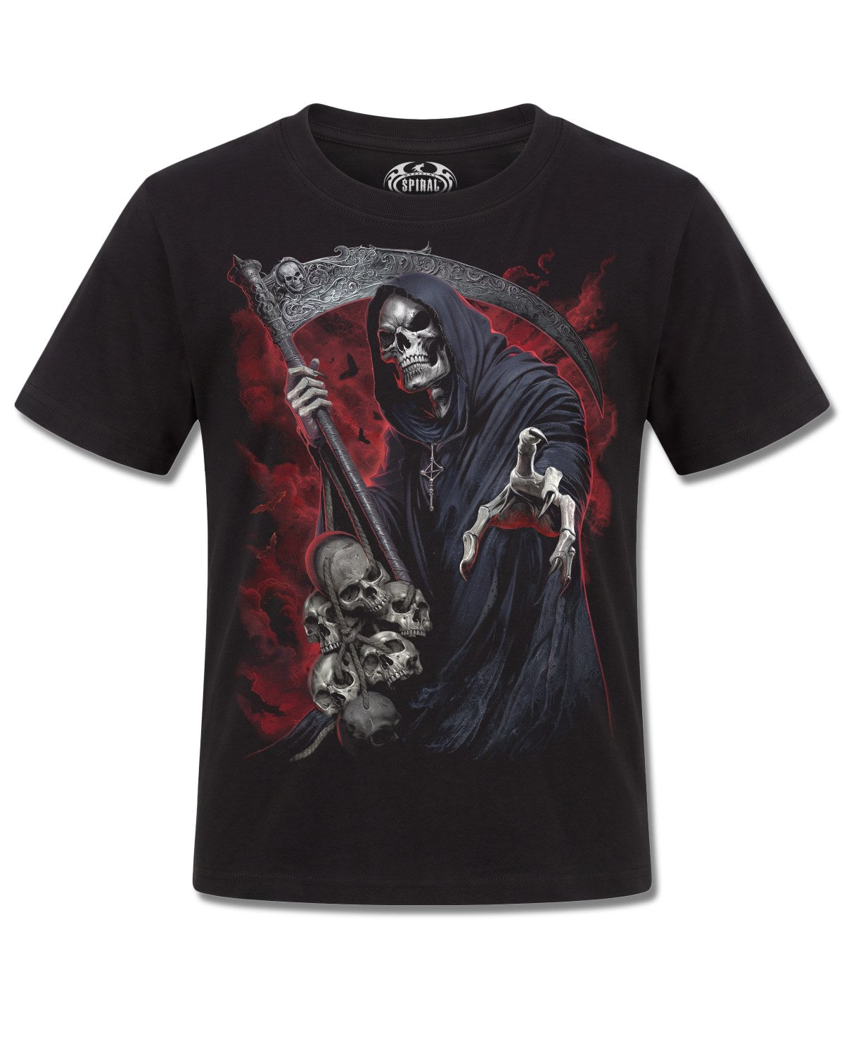 Spiral Reaper Revenge design, front view on Black K101, Rock Off Retail official merch