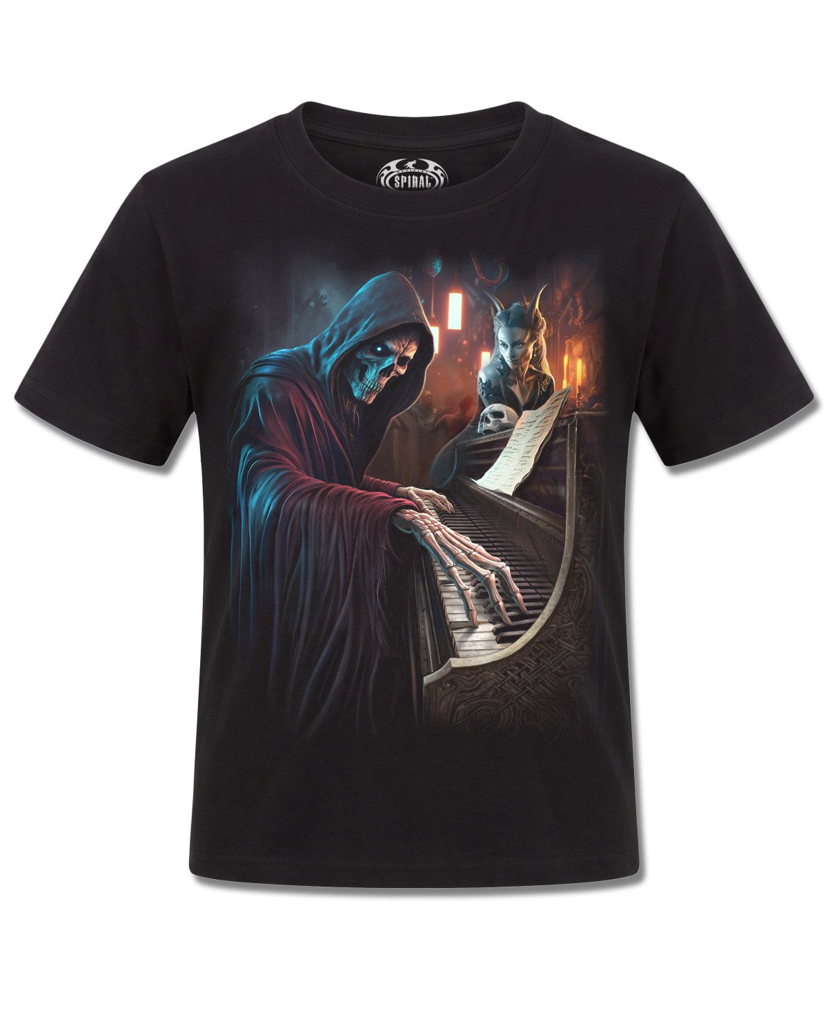 Spiral Midnight Blues design, front view on Black K101, Rock Off Retail official merch