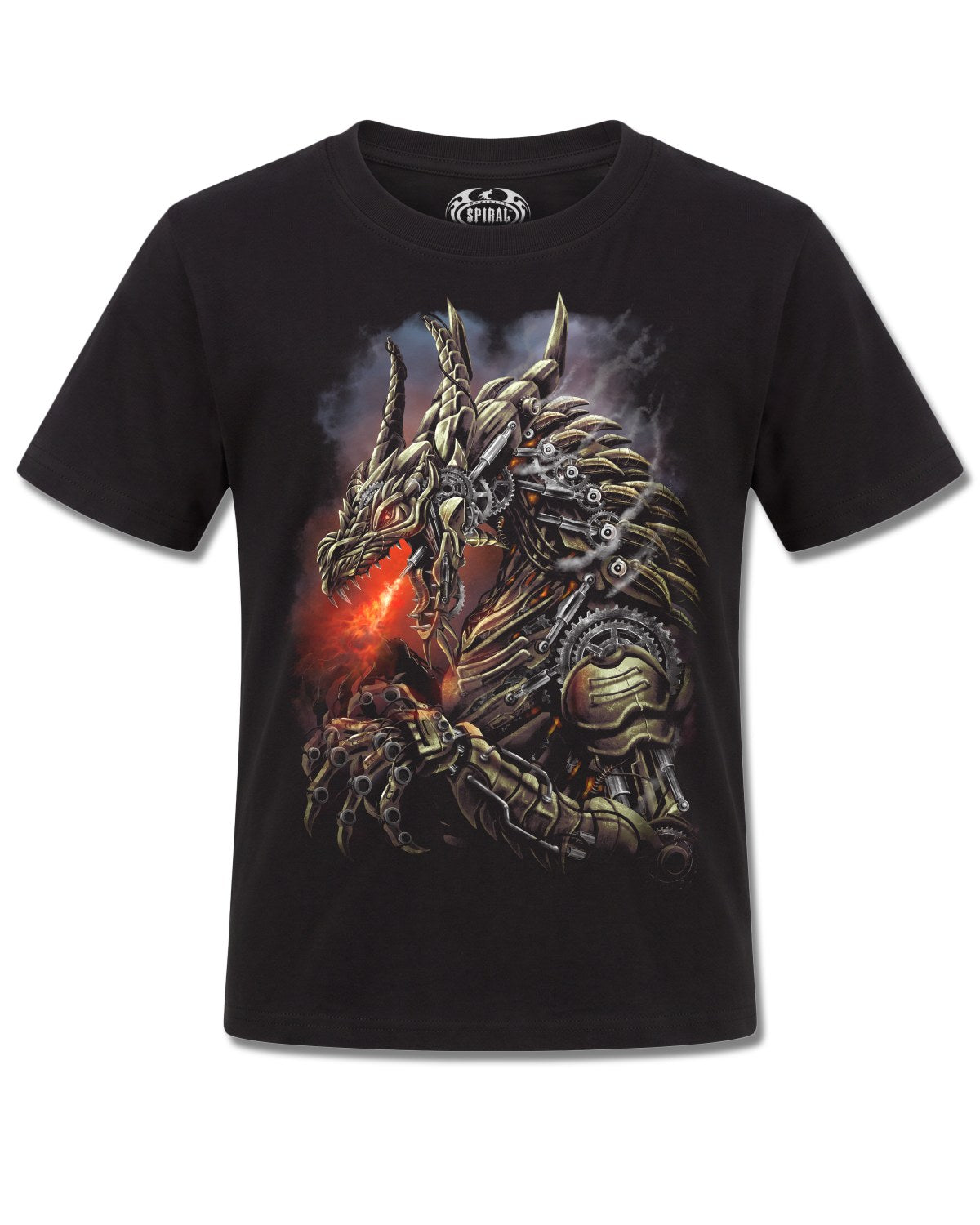 Spiral Dragon Cogs design, front view on Black K101, Rock Off Retail official merch