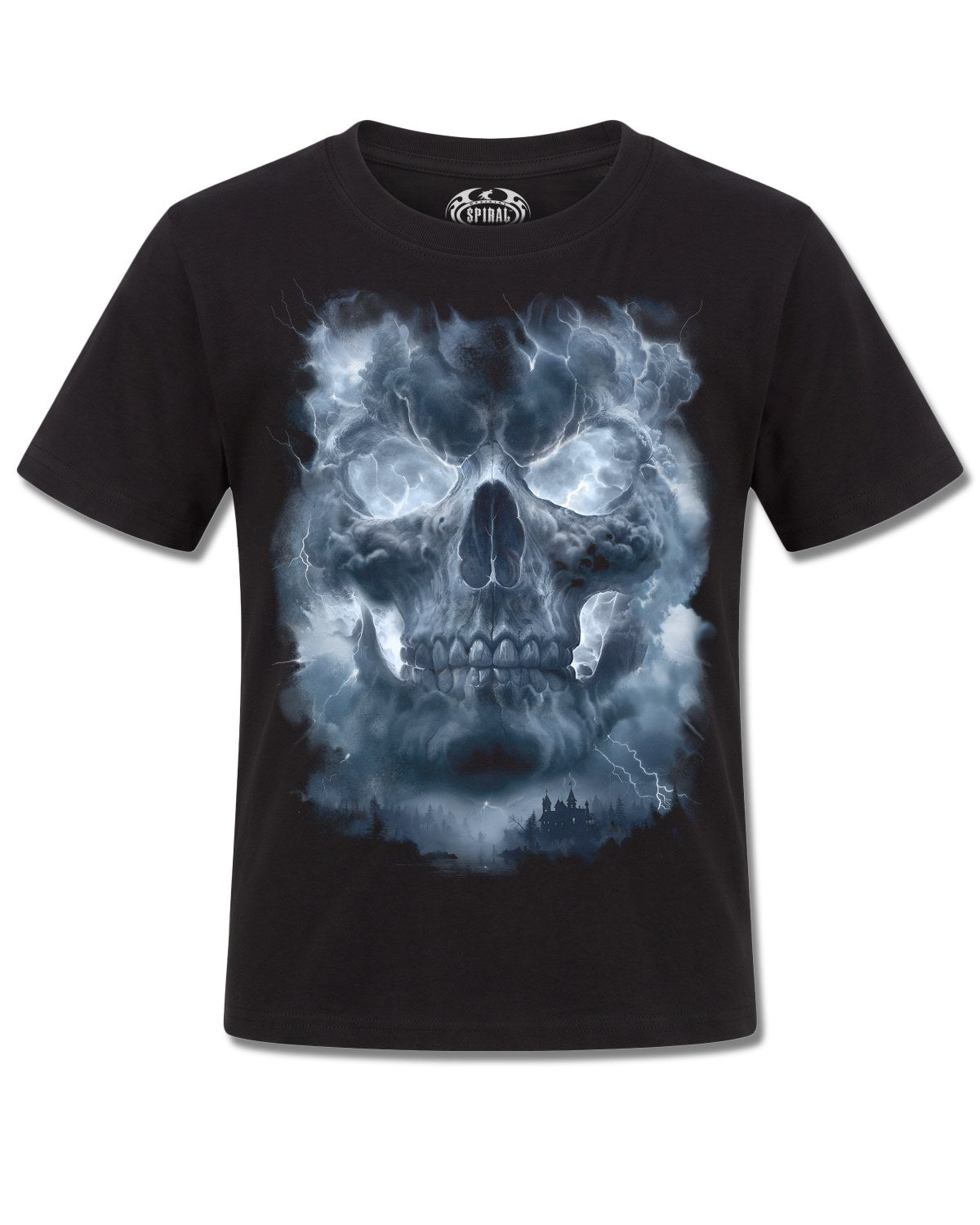Spiral Grave Skies design, front view on Black K101, Rock Off Retail official merch