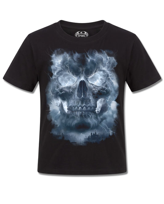 Spiral Grave Skies design, front view on Black K101, Rock Off Retail official merch