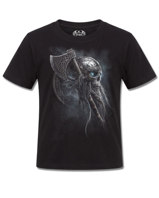 Spiral Viking Rampage design, front view on Black K101, Rock Off Retail official merch