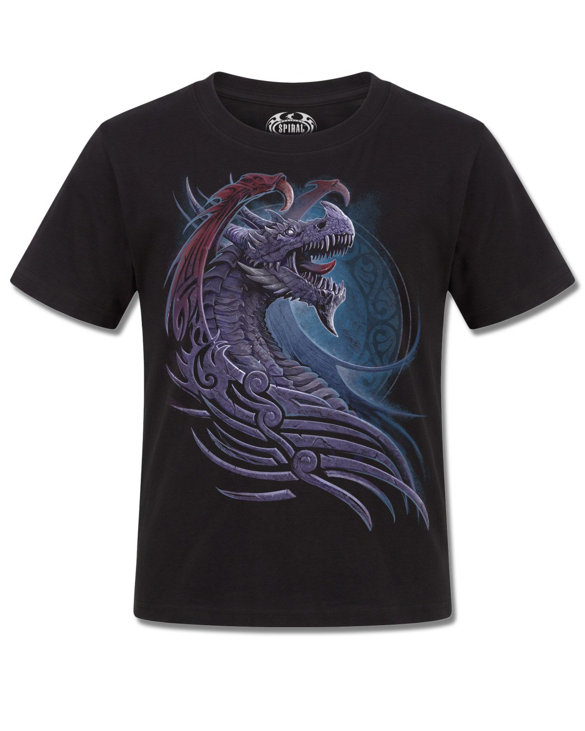 Spiral Dragon Borne design, front view on Black K101, Rock Off Retail official merch