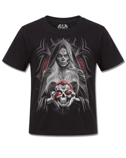 Spiral High Priestess design, front view on Black K101, Rock Off Retail official merch
