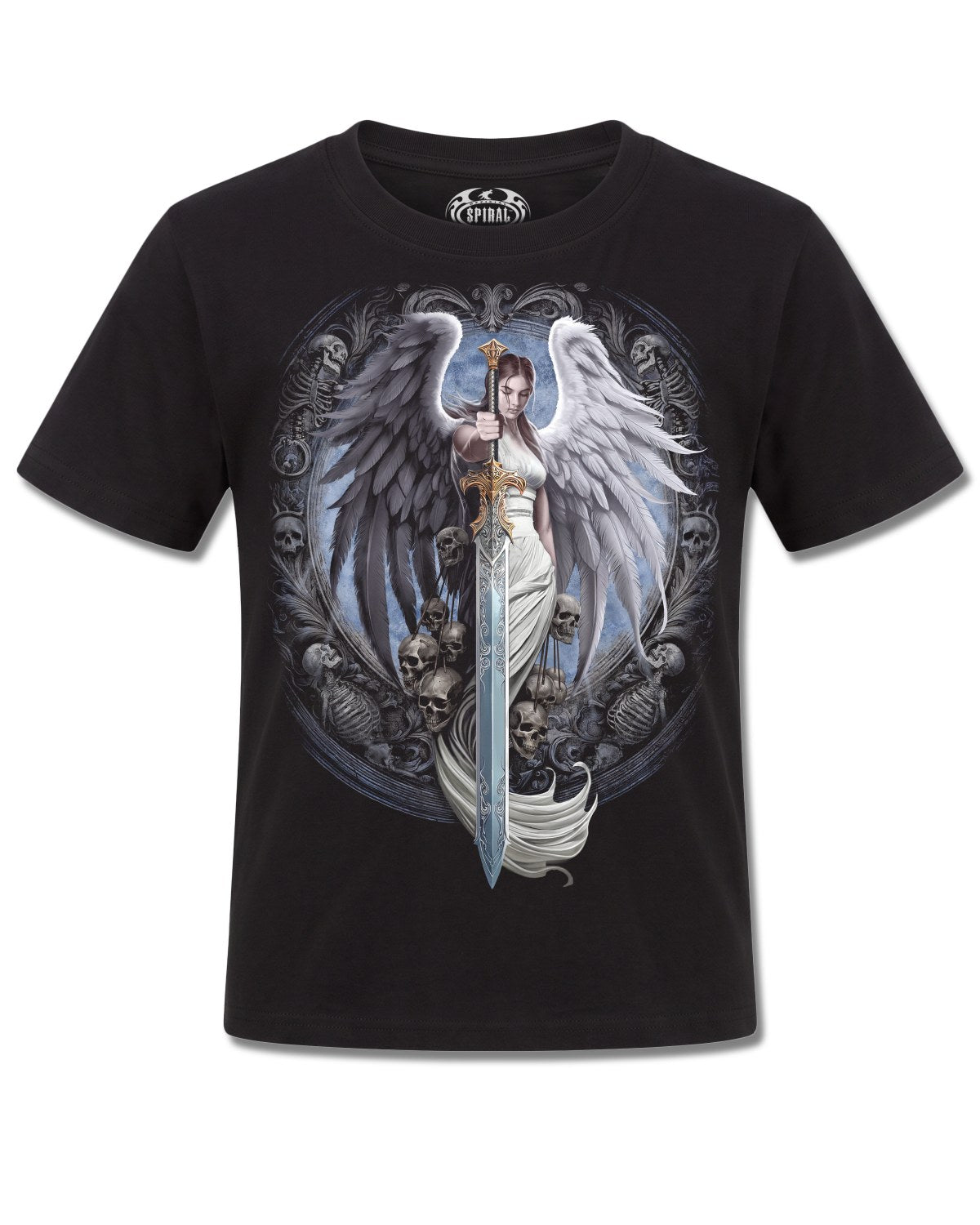 Spiral Angel Sword design, front view on Black K101, Rock Off Retail official merch
