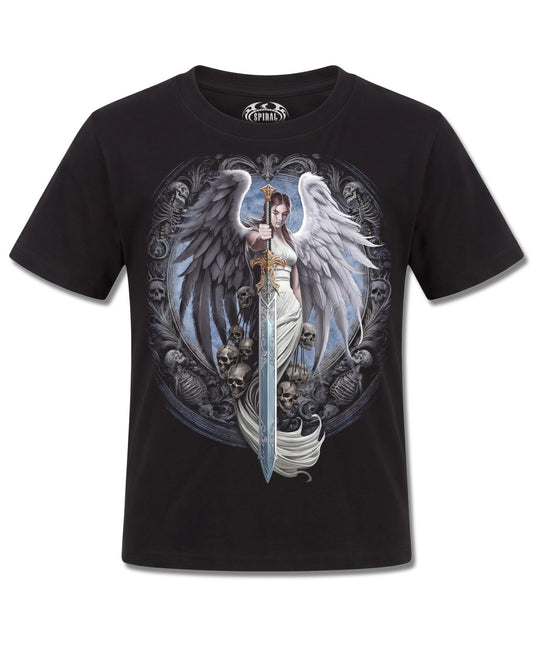 Spiral Angel Sword design, front view on Black K101, Rock Off Retail official merch