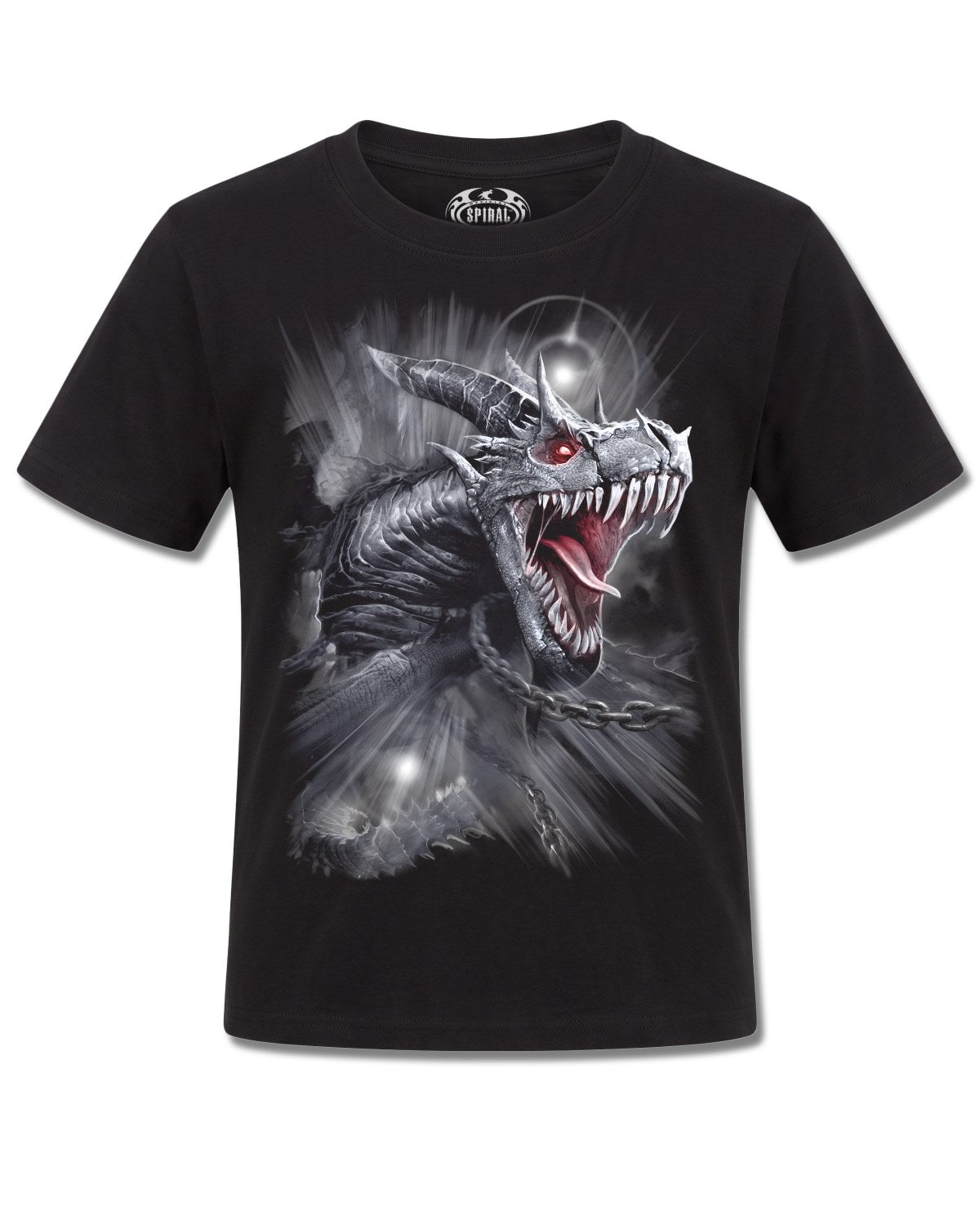 Spiral Dragon's Cry design, front view on Black K101, Rock Off Retail official merch