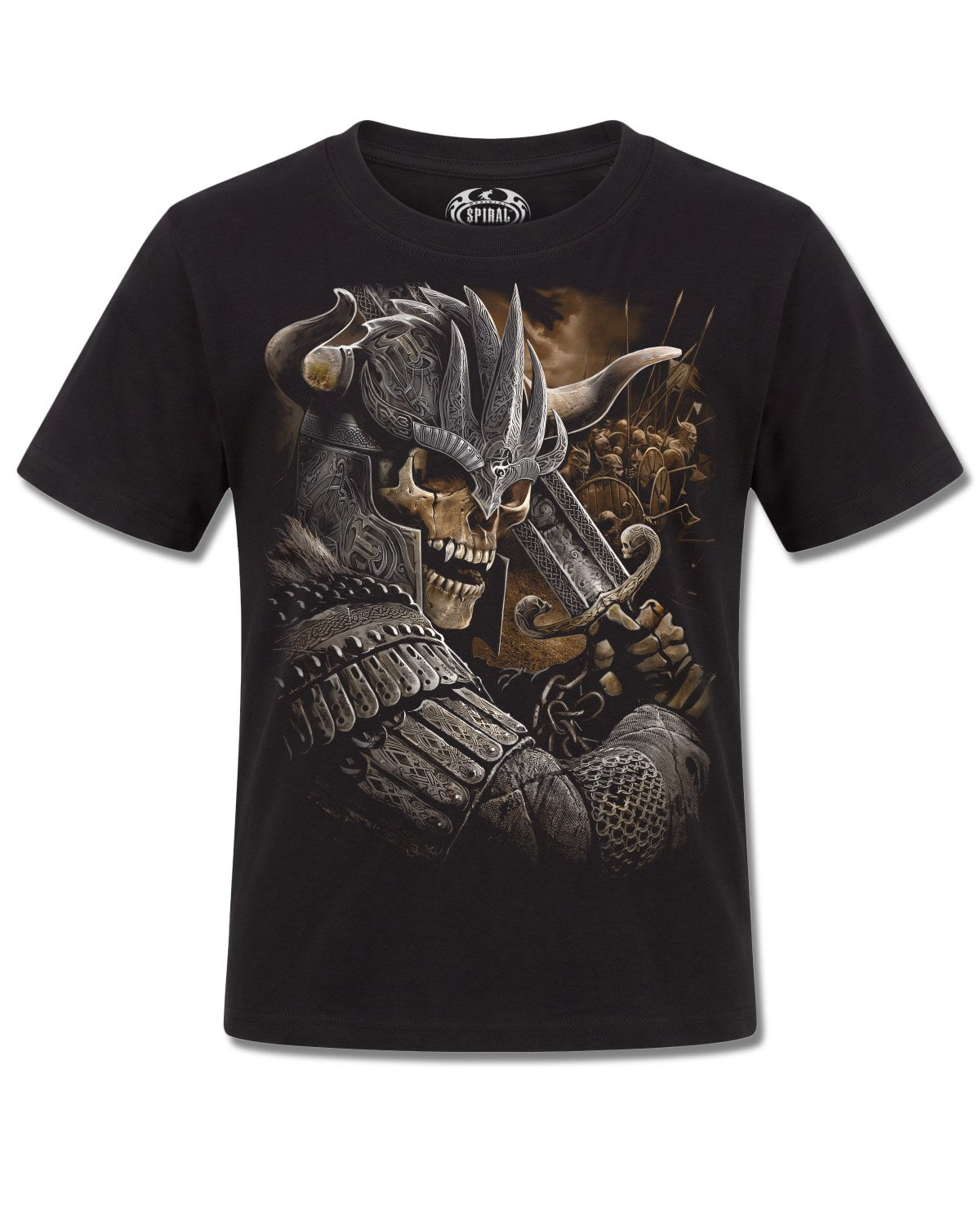 Spiral Viking Warrior design, front view on Black K101, Rock Off Retail official merch