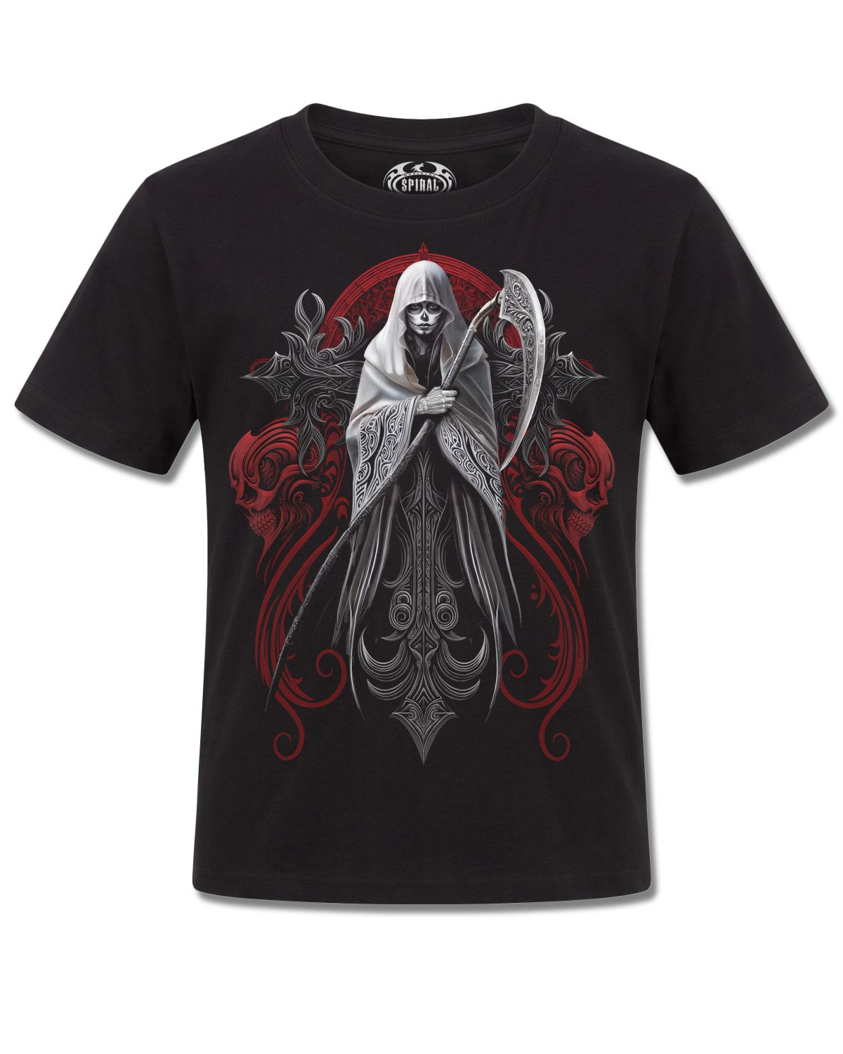 Spiral Reaperess design, front view on Black K101, Rock Off Retail official merch