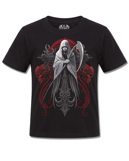Spiral Reaperess design, front view on Black K101, Rock Off Retail official merch