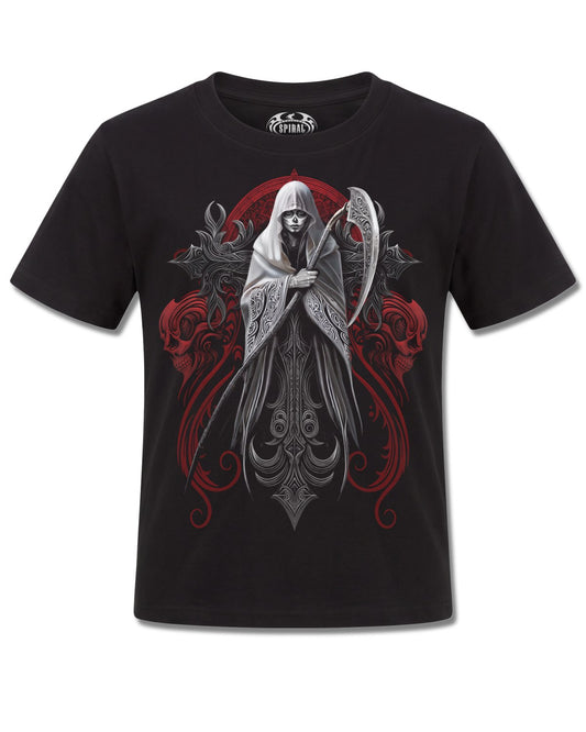 Spiral Reaperess design, front view on Black K101, Rock Off Retail official merch