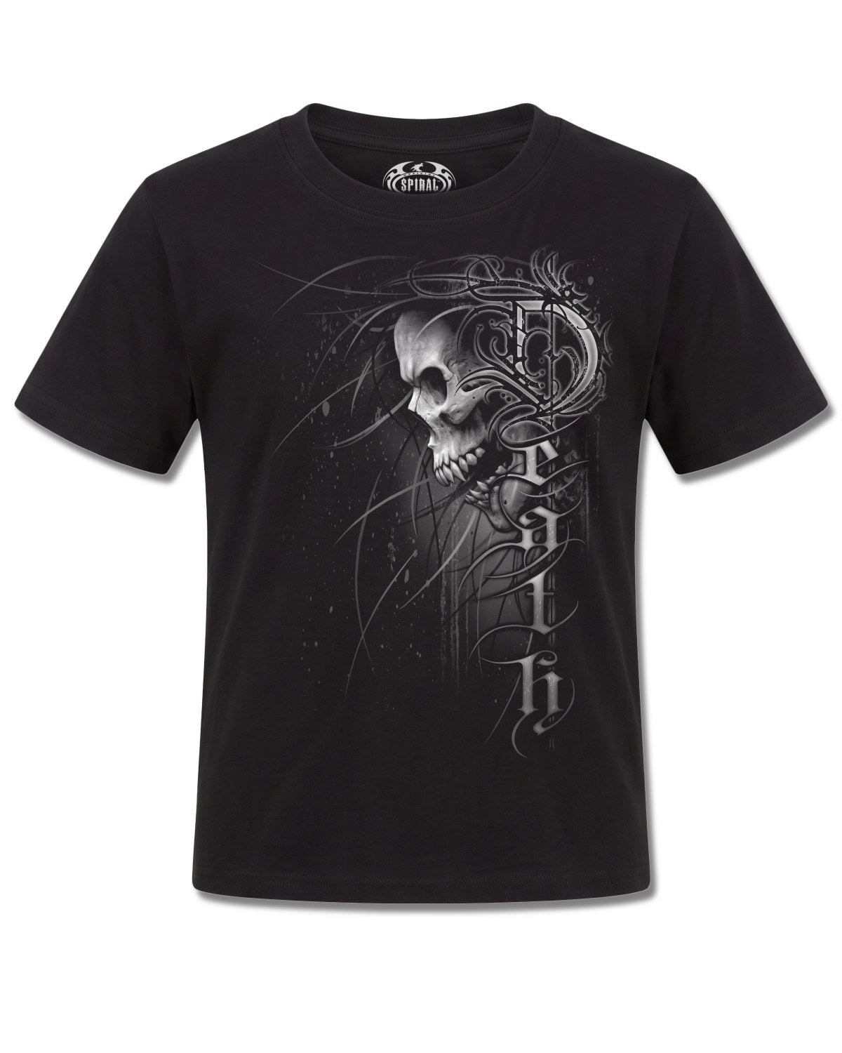 Spiral Death Forever design, front view on Black K101, Rock Off Retail official merch