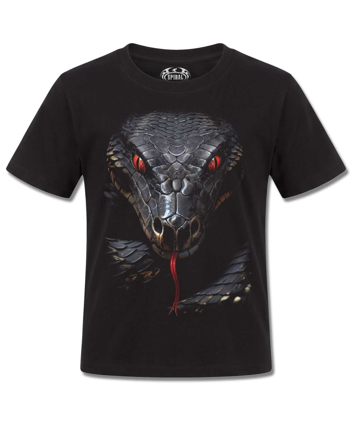 Spiral Basilisk design, front view on Black K101, Rock Off Retail official merch