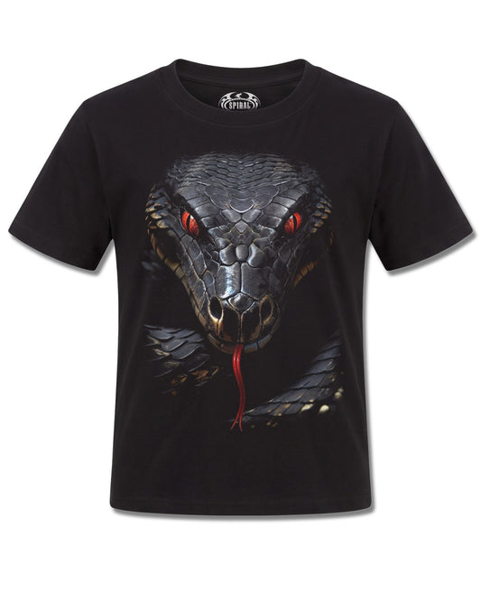 Spiral Basilisk design, front view on Black K101, Rock Off Retail official merch