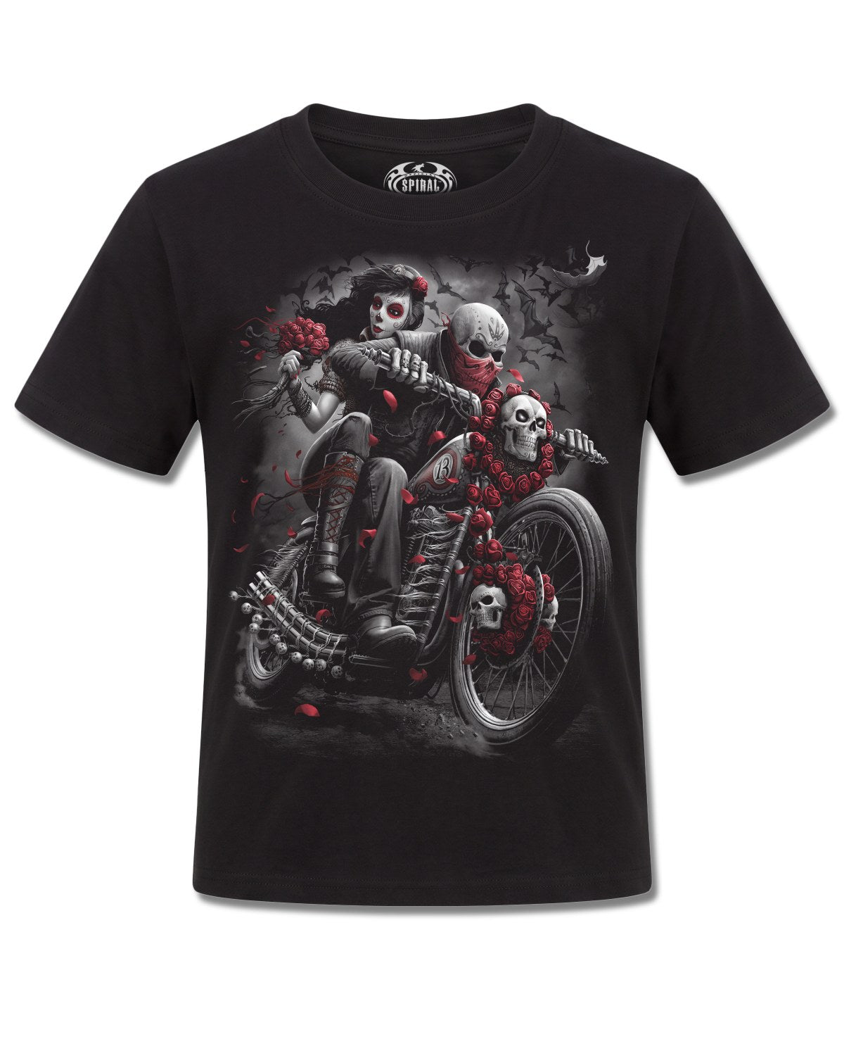 Spiral DOTD Bikers design, front view on Black K101, Rock Off Retail official merch