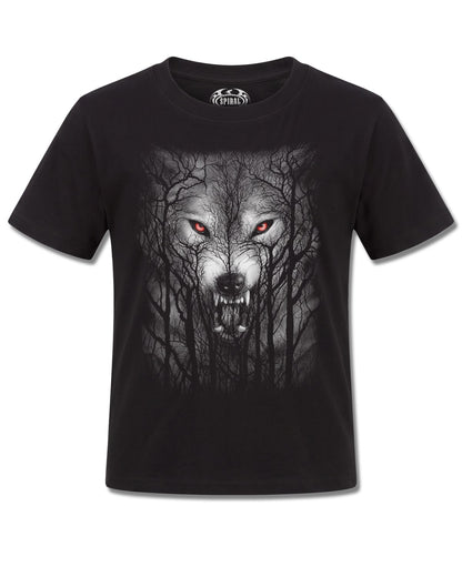Spiral Forest Wolf design, front view on Black K101, Rock Off Retail official merch