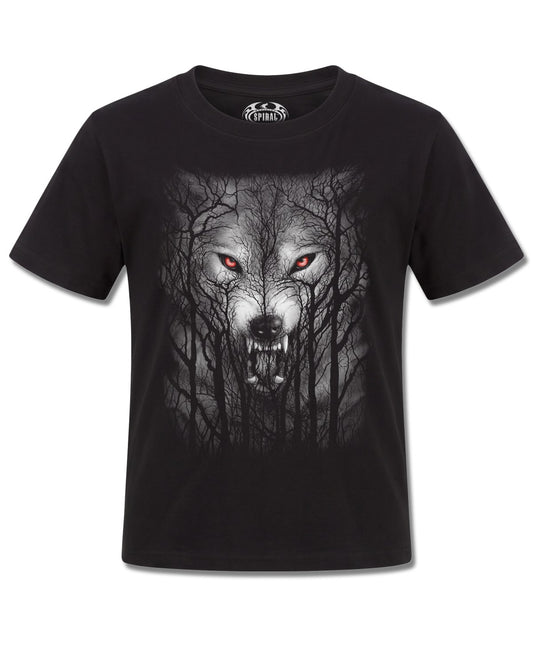 Spiral Forest Wolf design, front view on Black K101, Rock Off Retail official merch