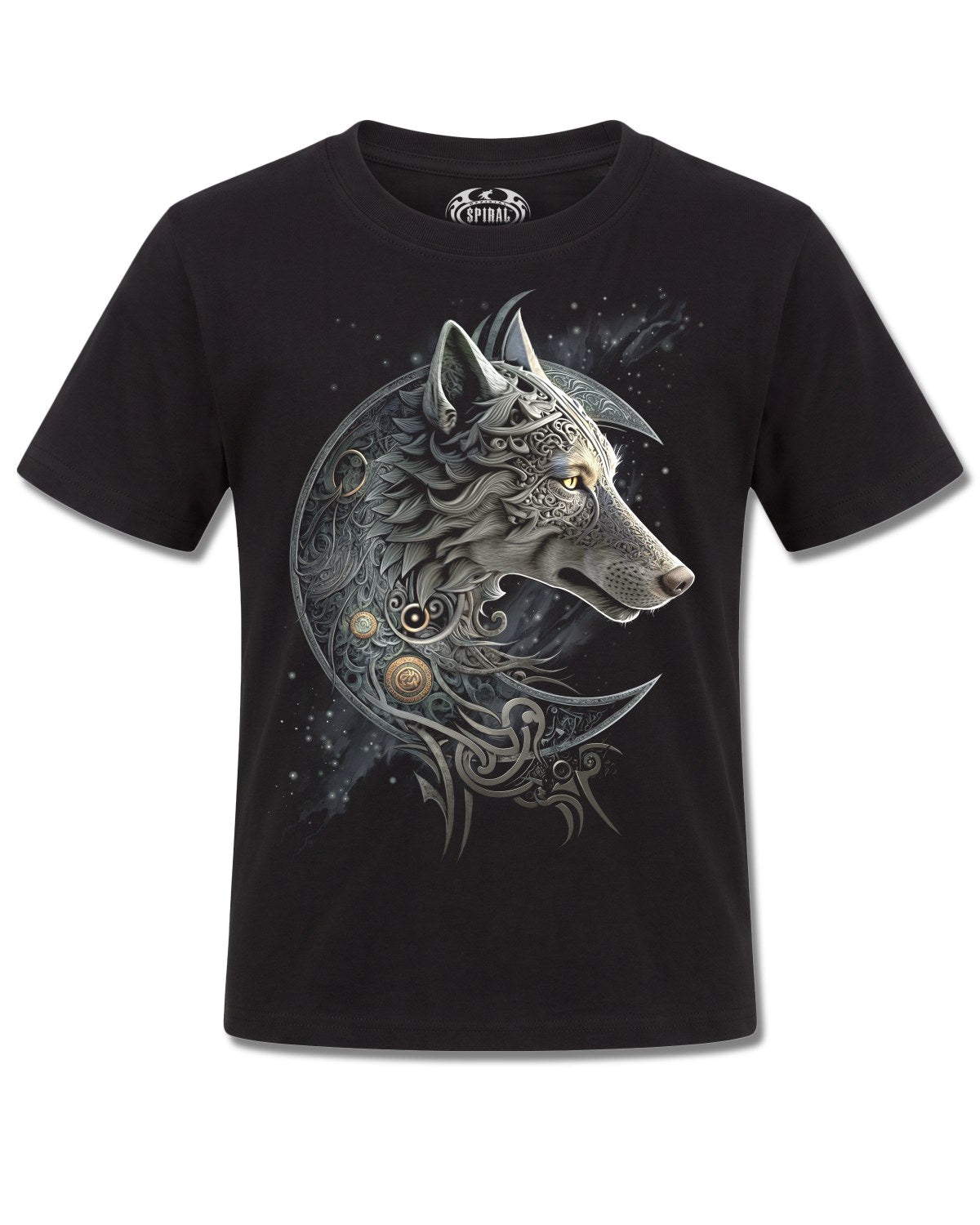 Spiral Celtic Wolf design, front view on Black K101, Rock Off Retail official merch