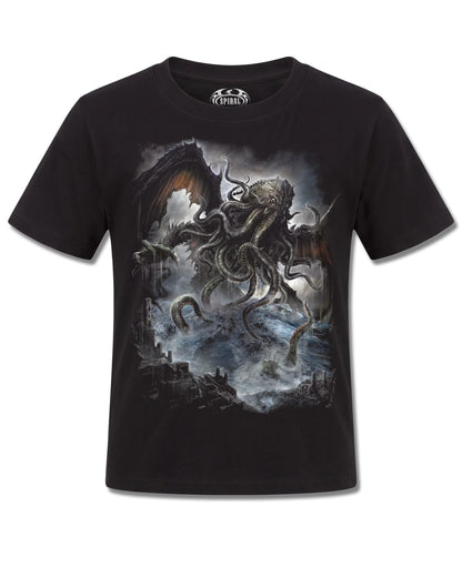 Spiral Cthulhu design, front view on Black K101, Rock Off Retail official merch