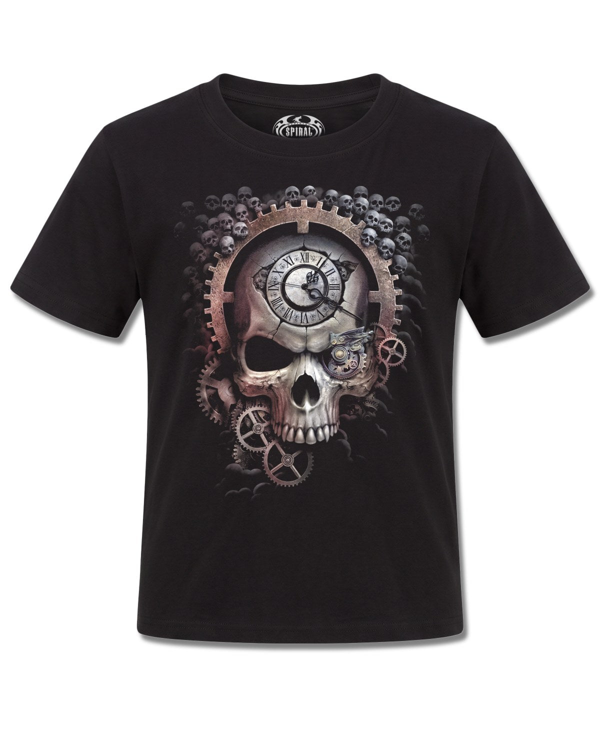 Spiral Reaper Time design, front view on Black K101, Rock Off Retail official merch