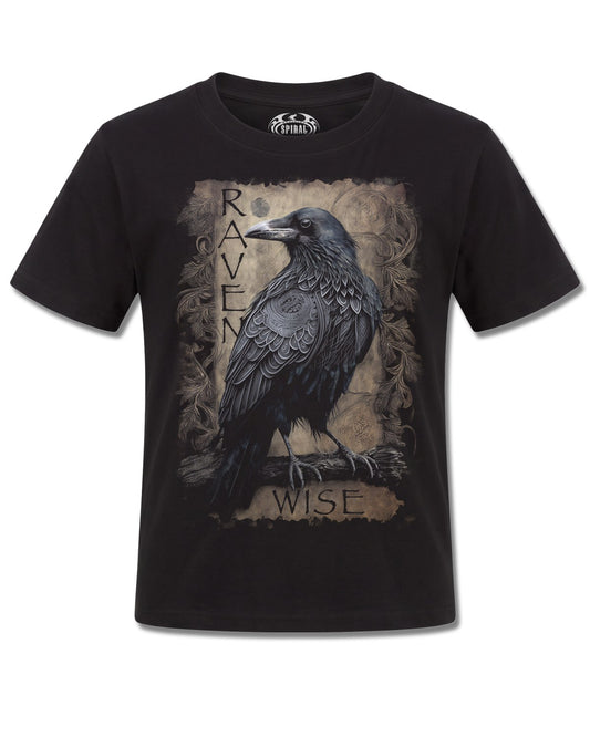 Spiral Raven Wise design, front view on Black K101, Rock Off Retail official merch