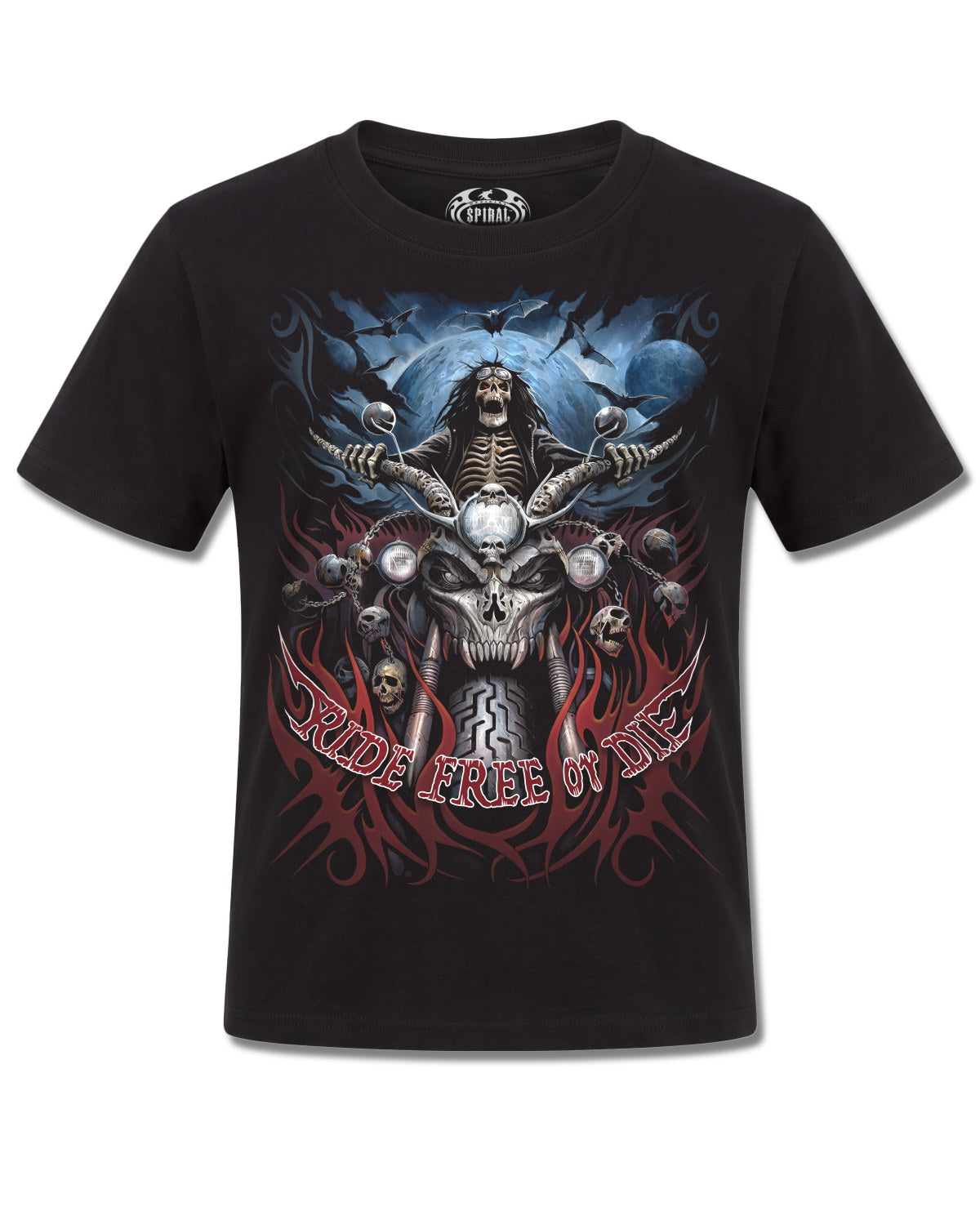 Spiral Ride Free design, front view on Black K101, Rock Off Retail official merch