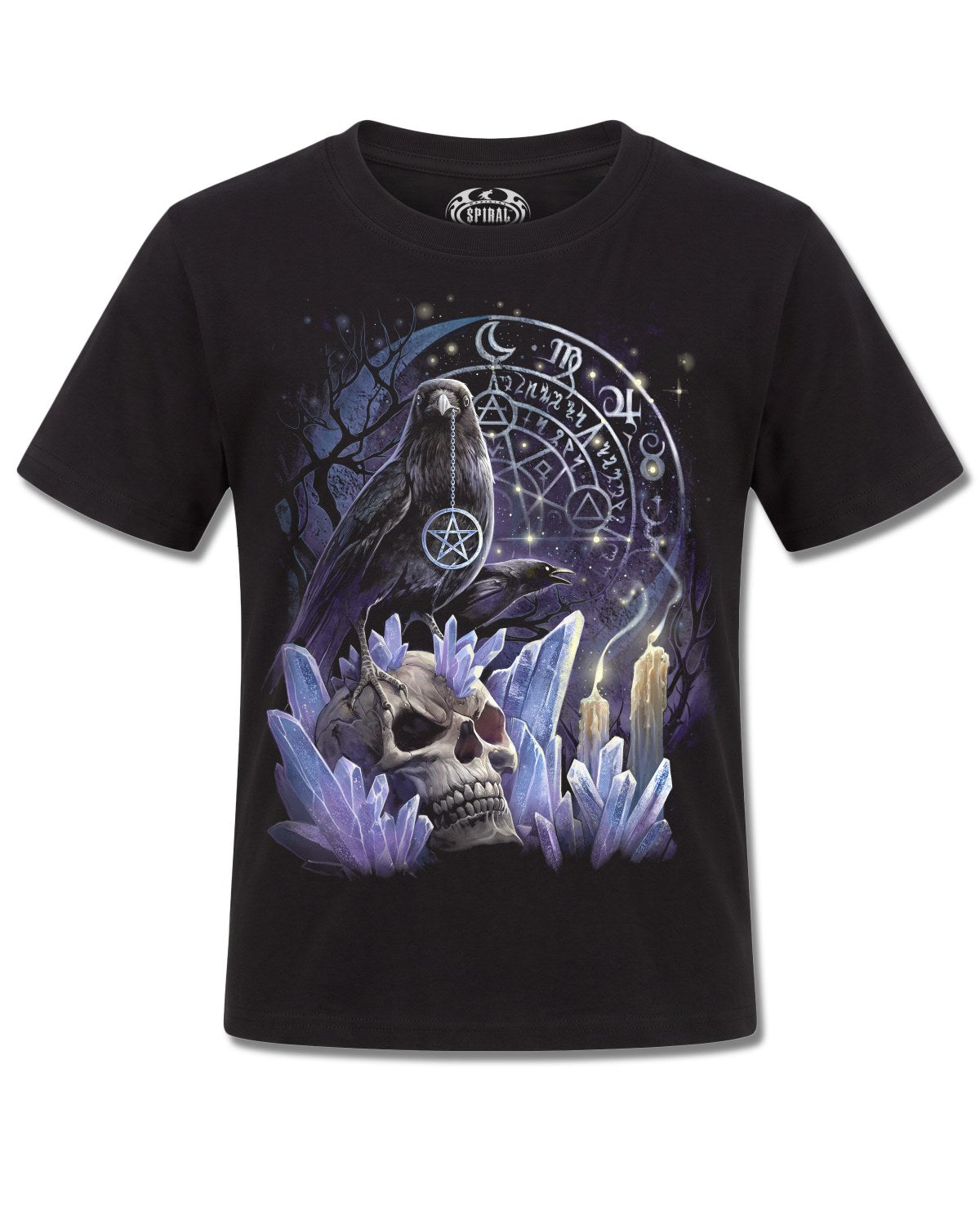 Spiral Witchcraft design, front view on Black K101, Rock Off Retail official merch