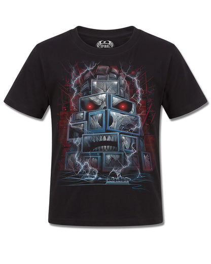 Spiral Death By TV design, front view on Black K101, Rock Off Retail official merch
