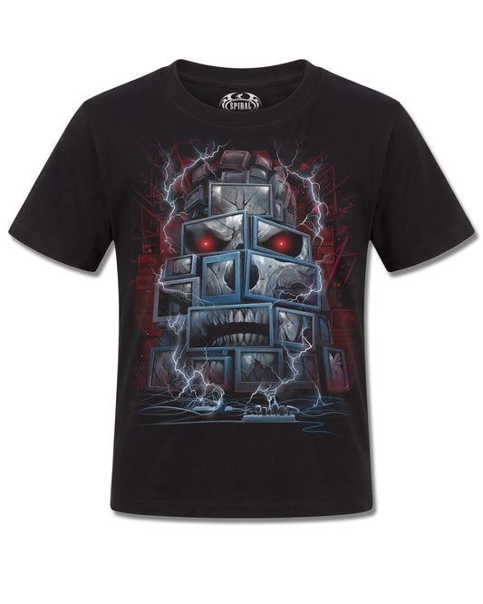 Spiral Death By TV design, front view on Black K101, Rock Off Retail official merch