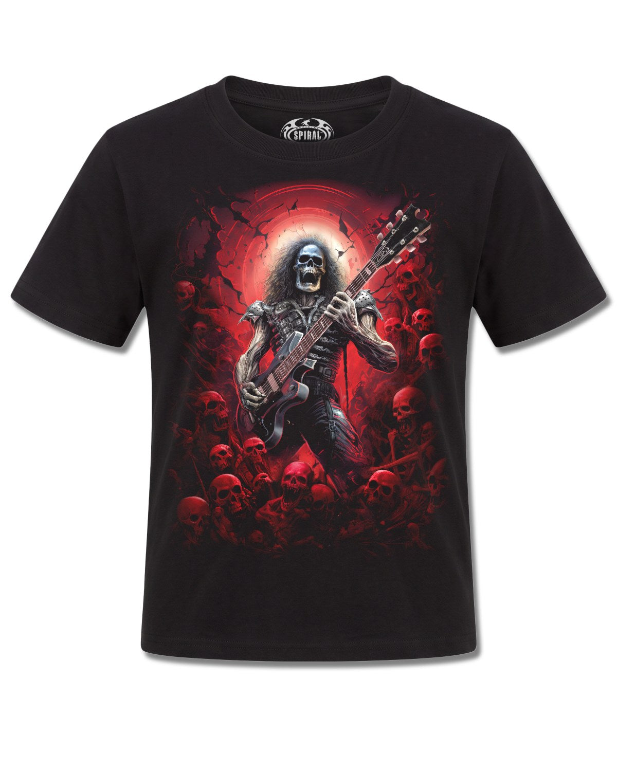 Spiral Tomb Of Rock design, front view on Black K101, Rock Off Retail official merch