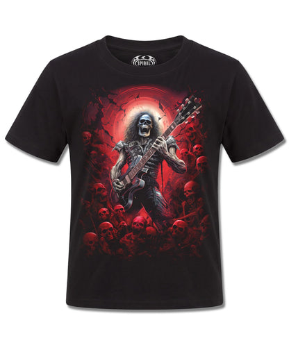 Spiral Tomb Of Rock design, front view on Black K101, Rock Off Retail official merch