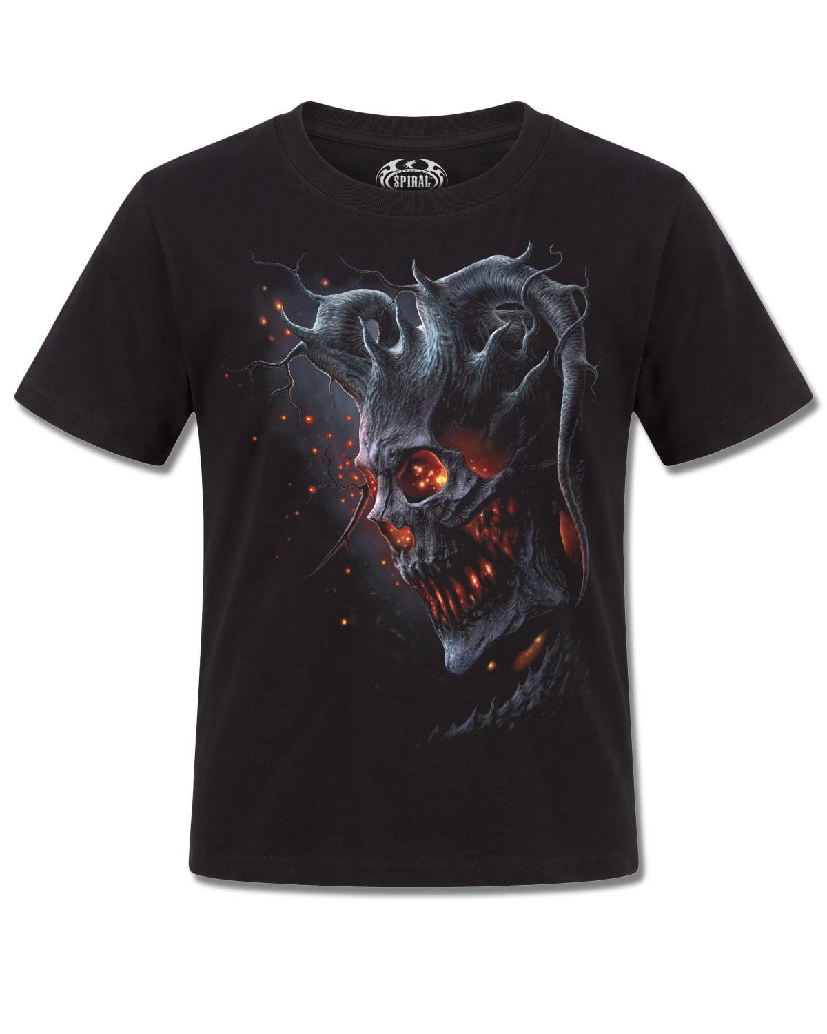 Spiral Death Embers design, front view on Black K101, Rock Off Retail official merch