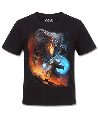 Spiral Infernal Duel design, front view on Black K101, Rock Off Retail official merch