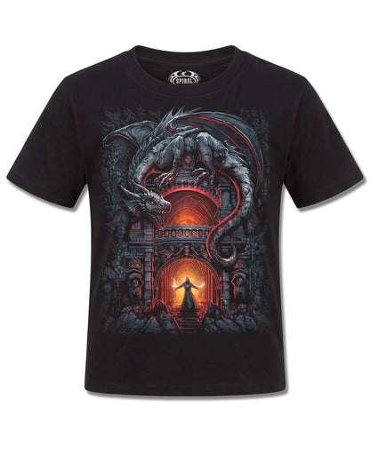 Spiral Dragon's Lair design, front view on Black K101, Rock Off Retail official merch
