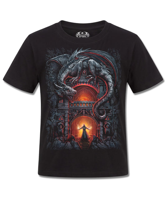 Spiral Dragon's Lair design, front view on Black K101, Rock Off Retail official merch