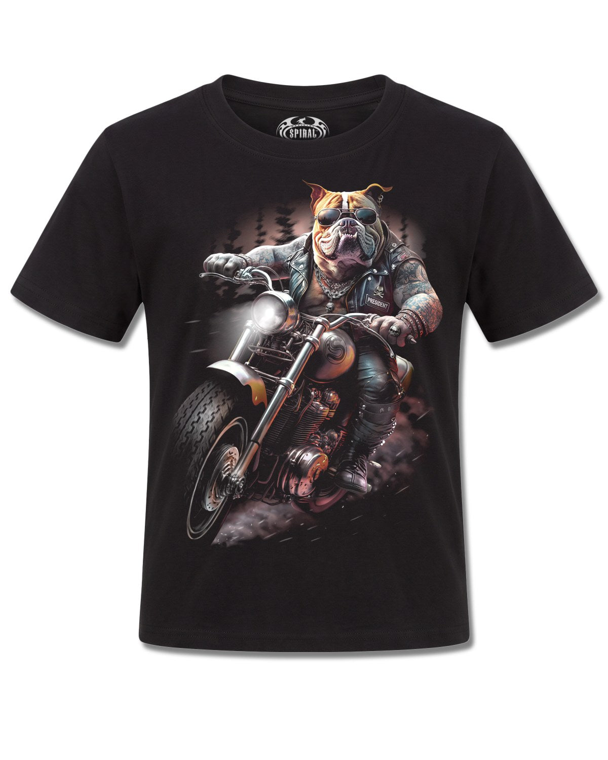 Spiral Top Dog design, front view on Black K101, Rock Off Retail official merch