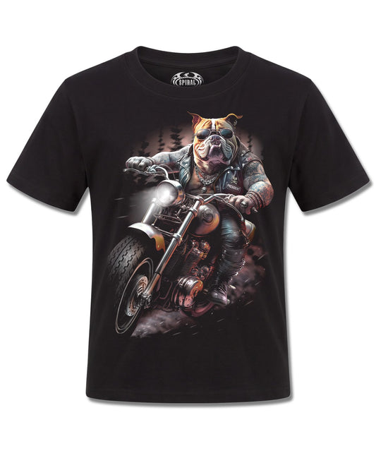Spiral Top Dog design, front view on Black K101, Rock Off Retail official merch