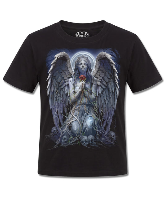 Spiral Grieving Angel design, front view on Black K101, Rock Off Retail official merch