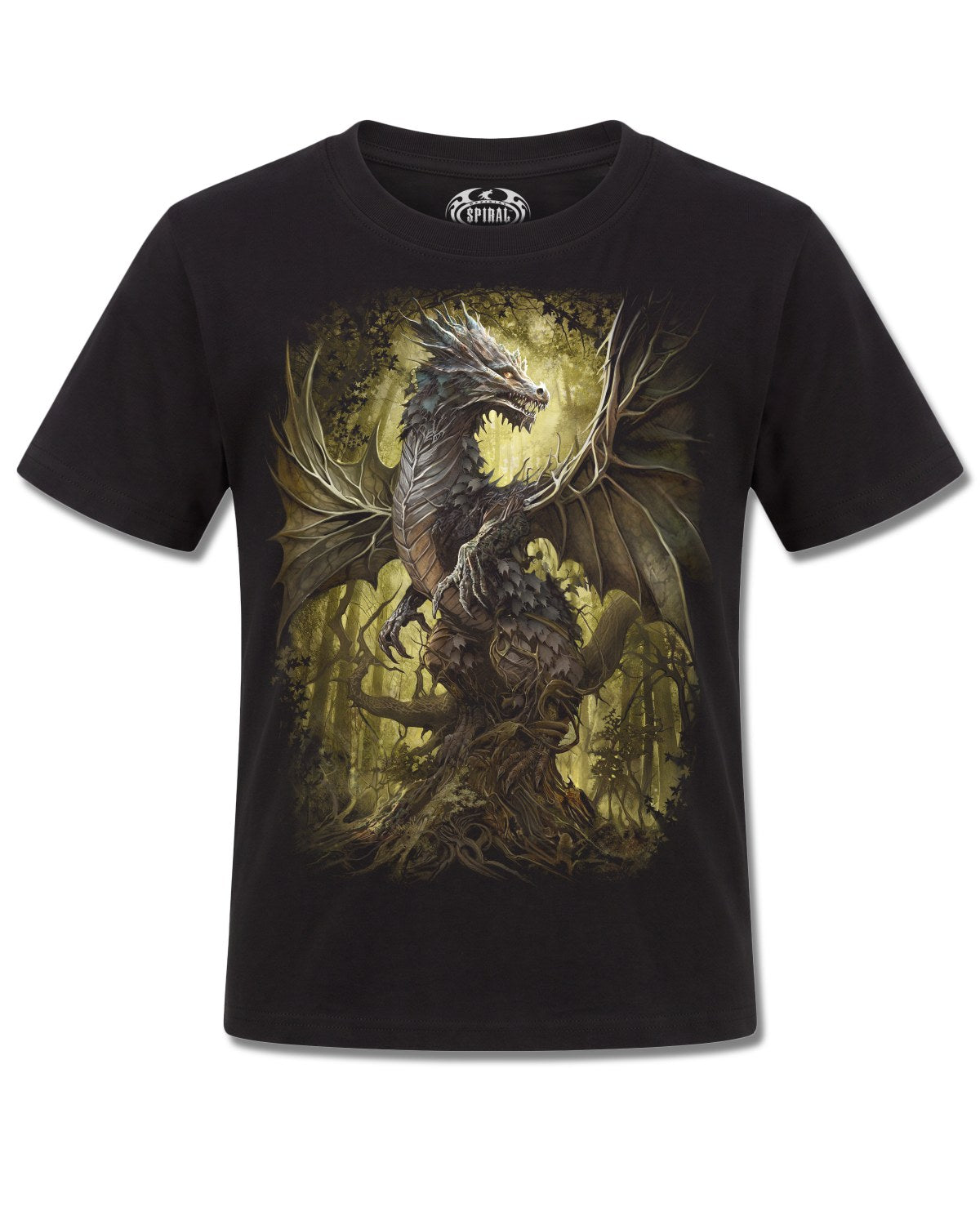 Spiral Oak Dragon design, front view on Black K101, Rock Off Retail official merch