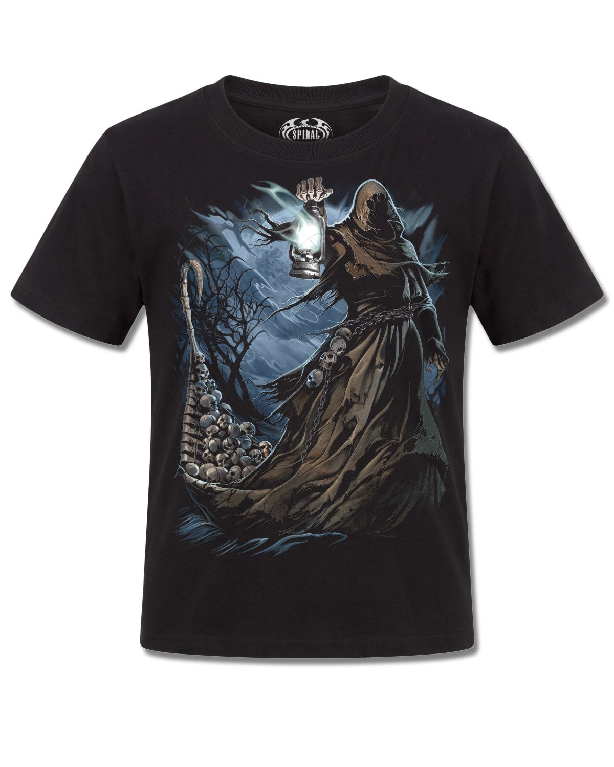 Spiral Ferryman design, front view on Black K101, Rock Off Retail official merch
