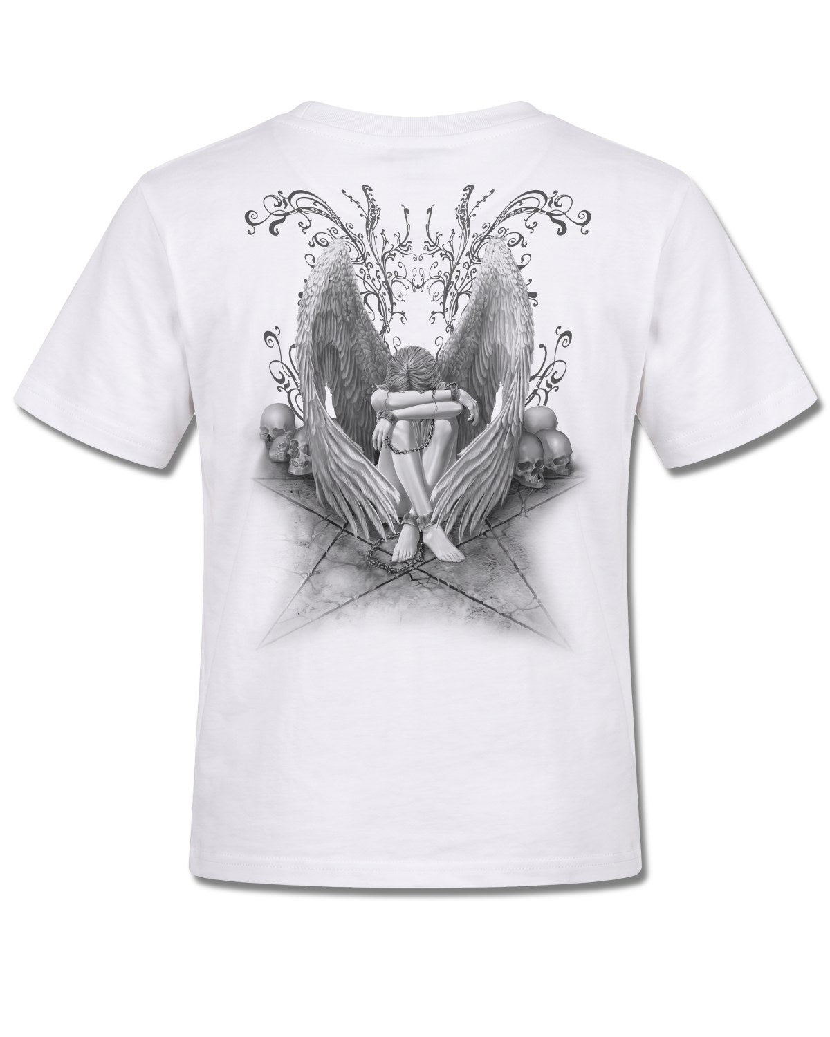 Spiral Enslaved Angel design, back view on White K105, Rock Off Retail official merch