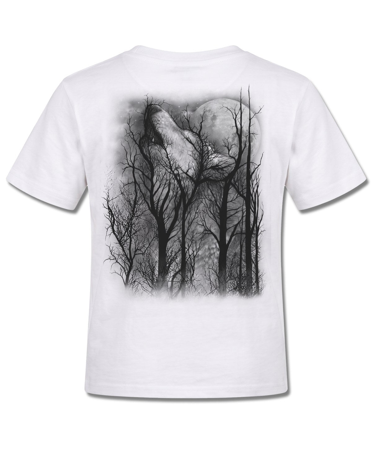 Spiral Forest Wolf design, back view on White K105, Rock Off Retail official merch