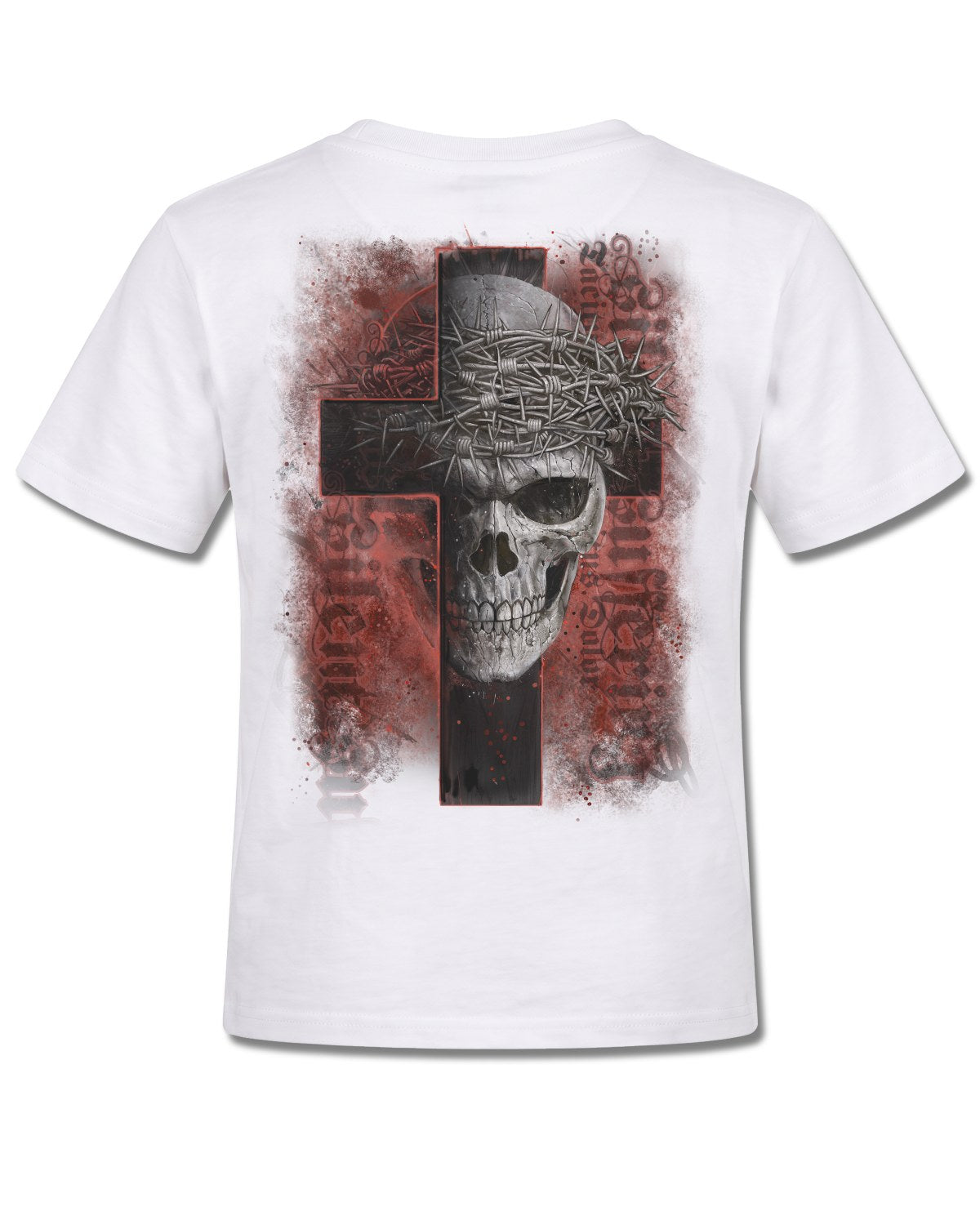 Spiral Silent Suffering design, back view on White K105, Rock Off Retail official merch