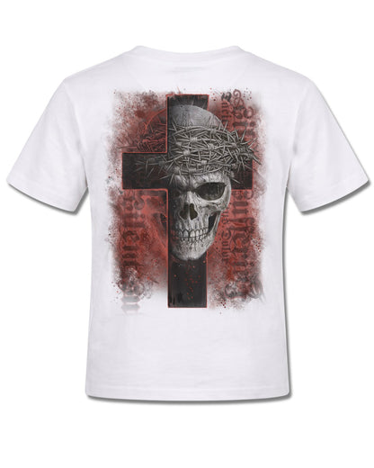 Spiral Silent Suffering design, back view on White K105, Rock Off Retail official merch