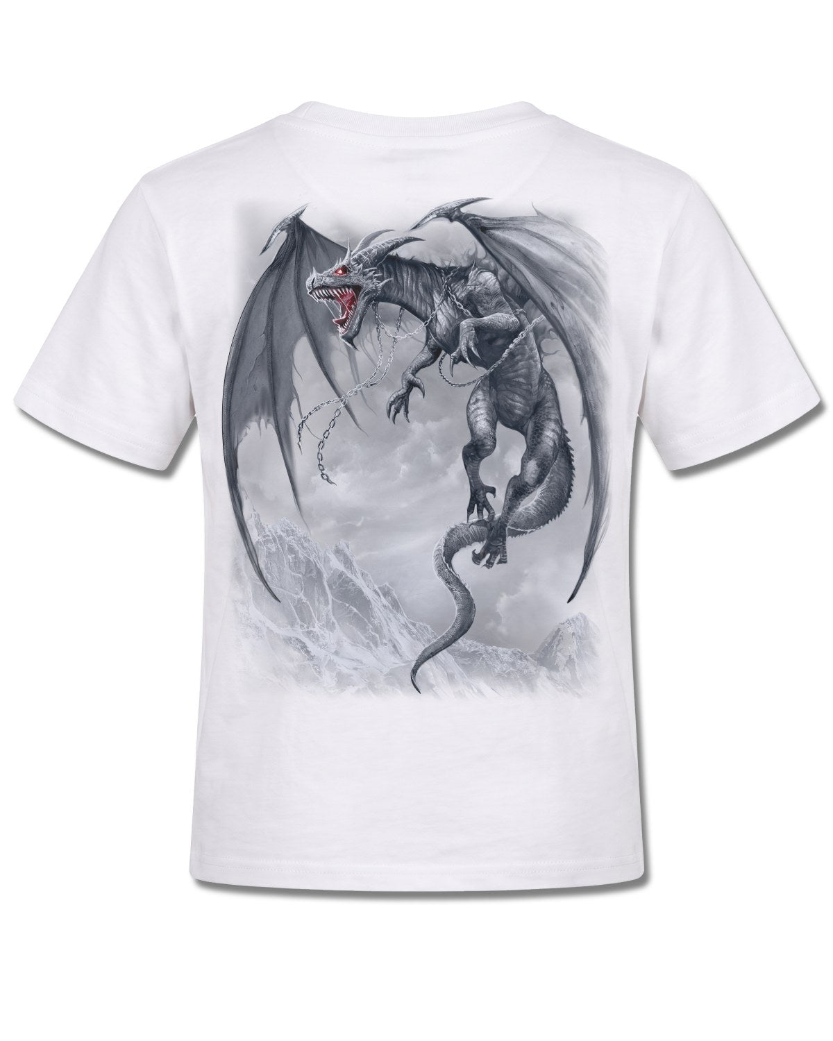 Spiral Dragon's Cry design, back view on White K105, Rock Off Retail official merch