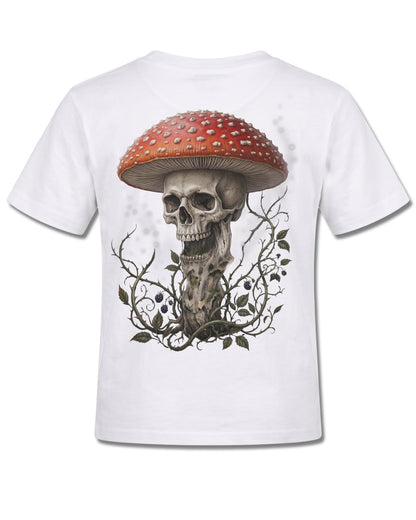 Spiral Shrooms design, back view on White K105, Rock Off Retail official merch