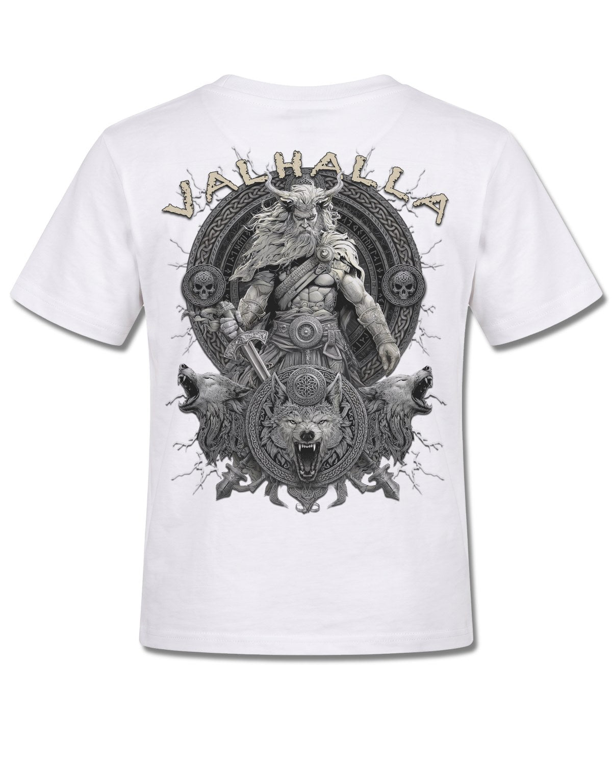 Spiral Valhalla design, back view on White K105, Rock Off Retail official merch